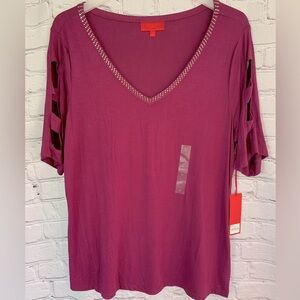 Jennifer Lopez Blouse V Neck Caged Arm Embellished Collar Size XL